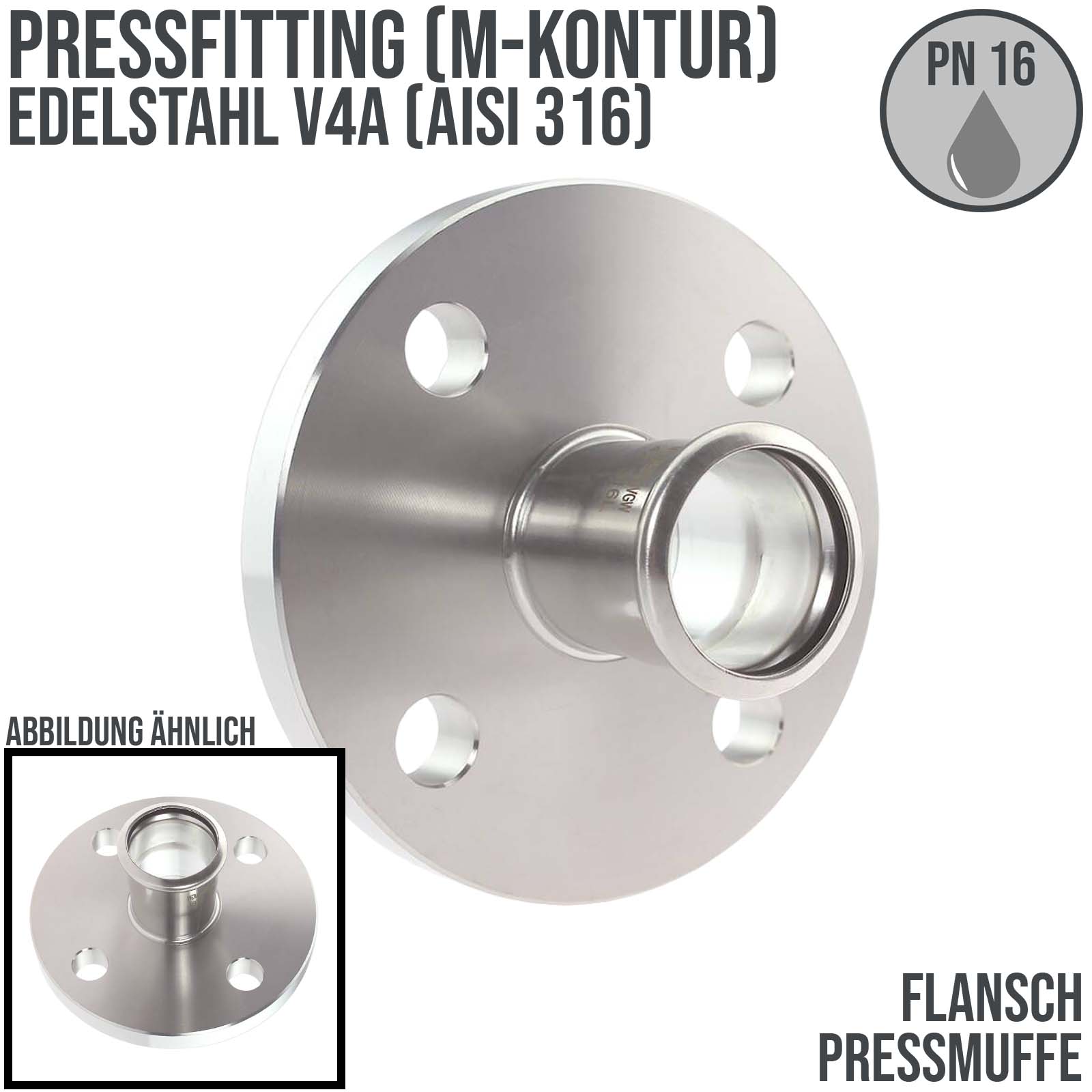 54 mm Flansch Übergang Press Muffe Edelstahl AISI 316 Fittings PN 16 bar