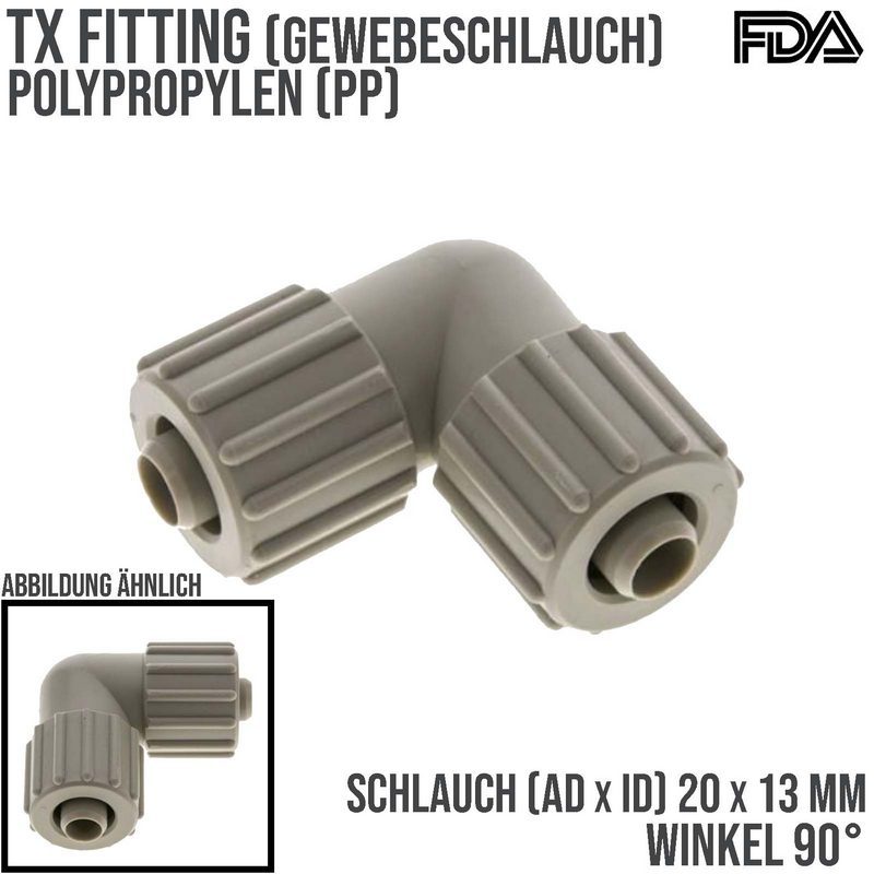 20 x 13 mm Winkel 90° TX Fitting Gewebe Schlauch Verbinder FDA PP beige - PN 10 bar