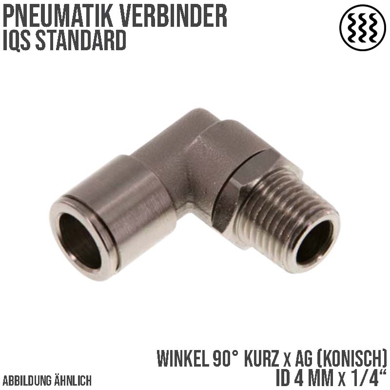 4 mm x 1/4" Pneumatik Steck Verbinder Winkel 90° kurz IQS MSV Messing Außengewinde konisch - PN 16 bar