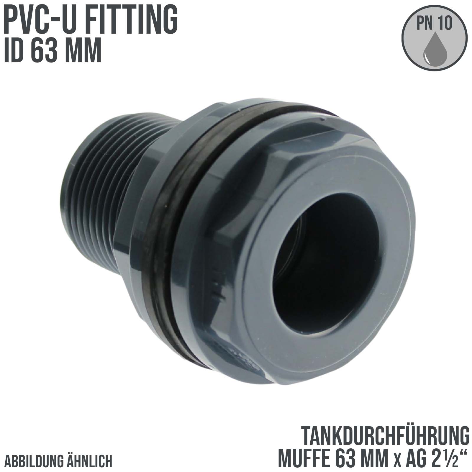 63 mm x 2 1/2" Zoll PVC-U Tankdurchführung Klebemuffe auf Klebemuffe x Außengewinde AG - PN 10 bar