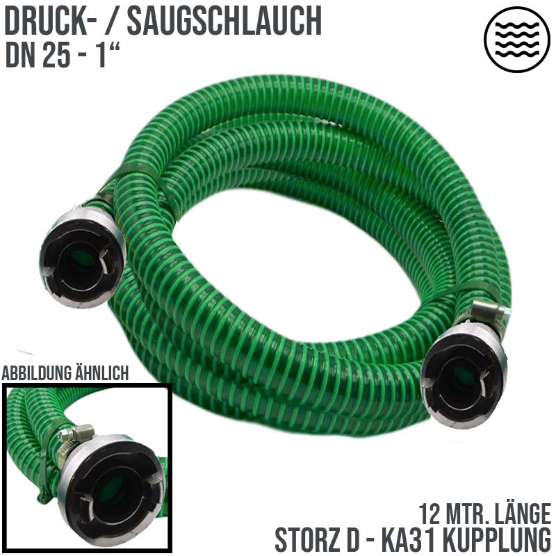 STORZ D DN25 KA31 - 25 mm 1" PVC Saug Ansaug Pumpen Spiral Schlauch PN 5 bar grün - 12 m Rolle