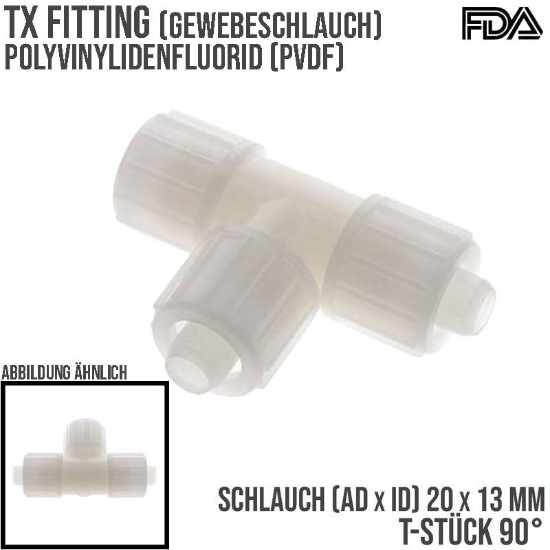 20 x 13 mm T-Stück 90° TX Fitting Gewebe Schlauch Verbinder FDA PVDF weiß - PN 10 bar
