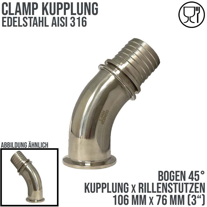 CLAMP Kupplung 45° Bogen 106 mm Schlauch Stutzen Tülle Rillen 76 mm 3" - PN 16 bar