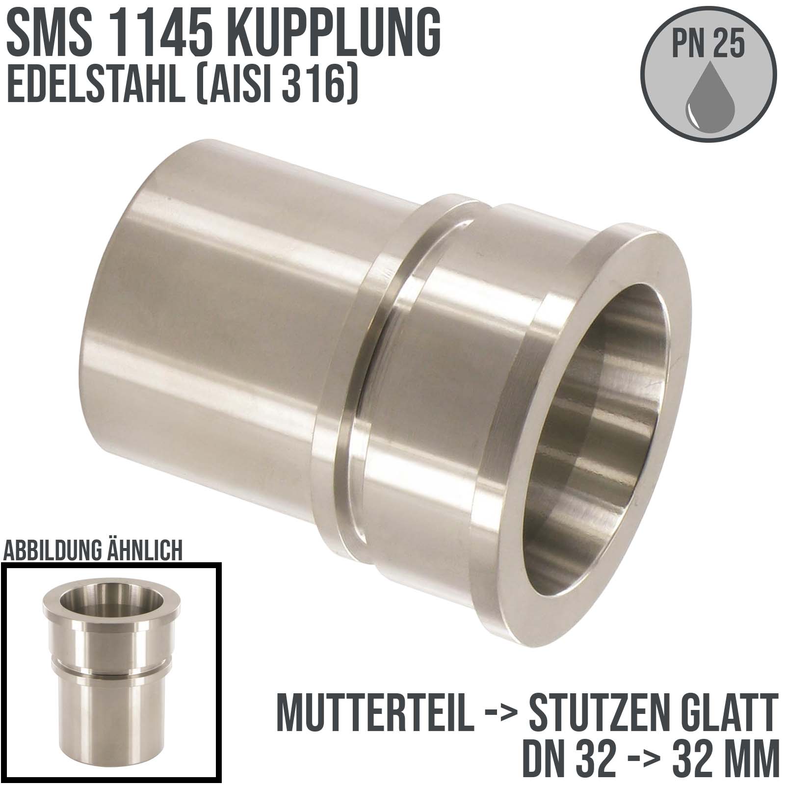 DN 32 SMS Kupplung 1145 Mutterteil MT Außengewinde Sicherungsbund - Stutzen glatt 32 mm - PN 25 bar