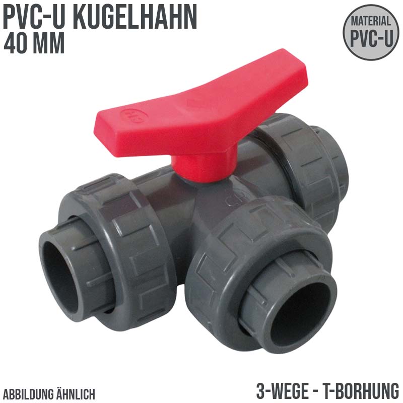 40 mm PVC Kugel Absperr Hahn Ventil T-Bohrung 3-fach Klebemuffe Fitting PN 10 bar - roter Griff