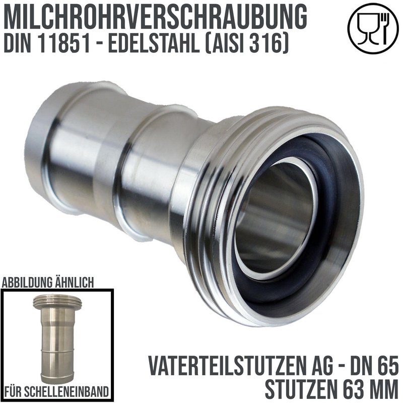 DN 65 Milchrohr Verschraubung DIN 11851 Vaterteil Stutzen VT Außengewinde RD Schelleneinband - Stutzen gedreht 63 mm - PN 25 bar