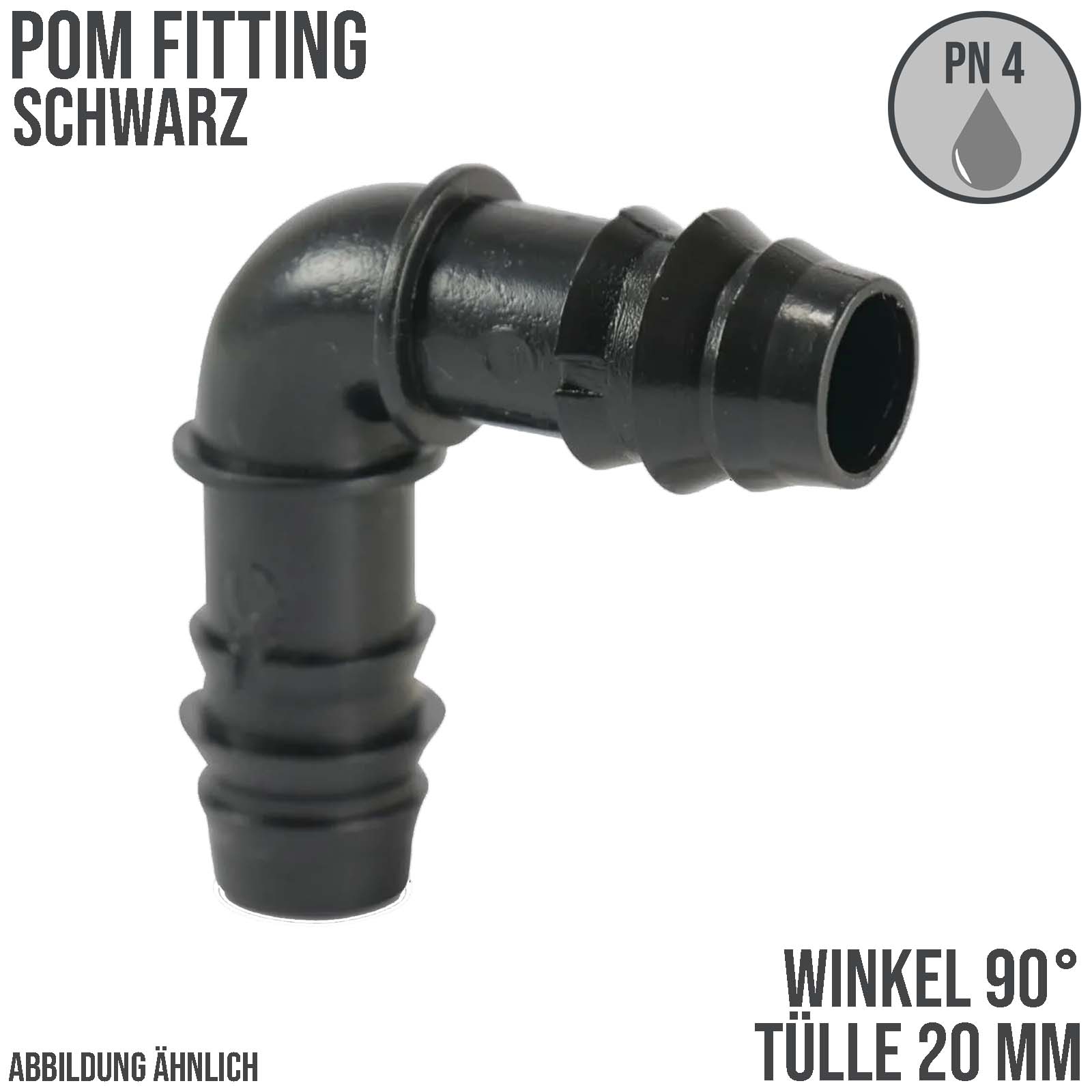 20 mm POM Winkel 90° Schlauch Verbinder Stutzen Tülle Kupplung Tropf Fitting schwarz PN 4 bar