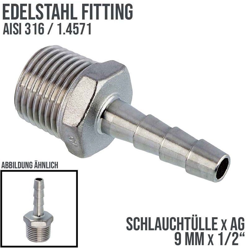 9 mm x 1/2" Zoll Schlauch Tülle Stutzen Außengewinde AG Nippel Edelstahl AISI 316 VA  Fitting - PN 20 bar
