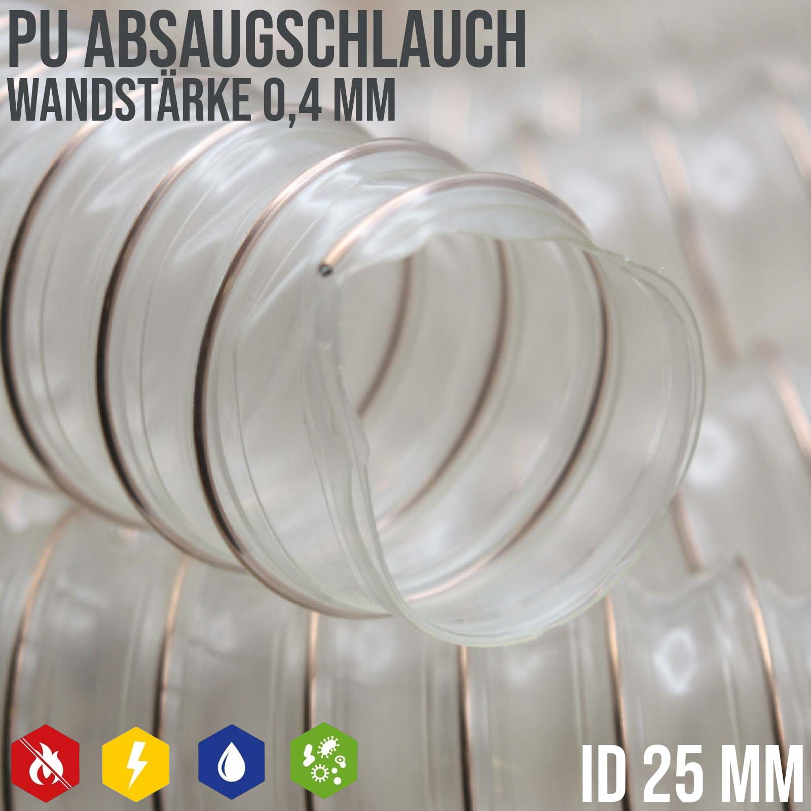 25 mm PU Saug Ansaug Druck Spiral Flex Staub Holz Metall Späne Schlauch Anlage - Wandstärke 0,4 mm  - PN 0,65 bar