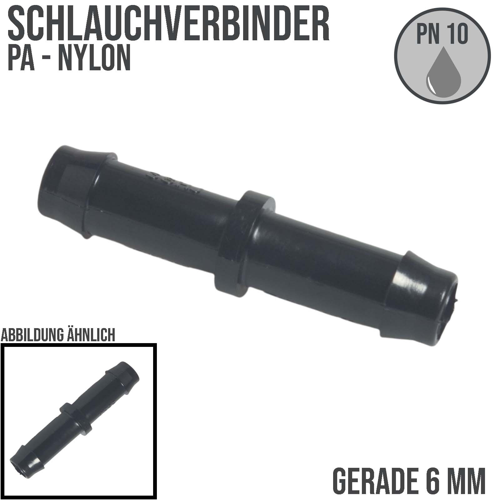 10 mm PA Nylon Schlauch Verbinder Stutzen Doppel Tülle Kupplung Fitting WF schwarz PN 10 bar