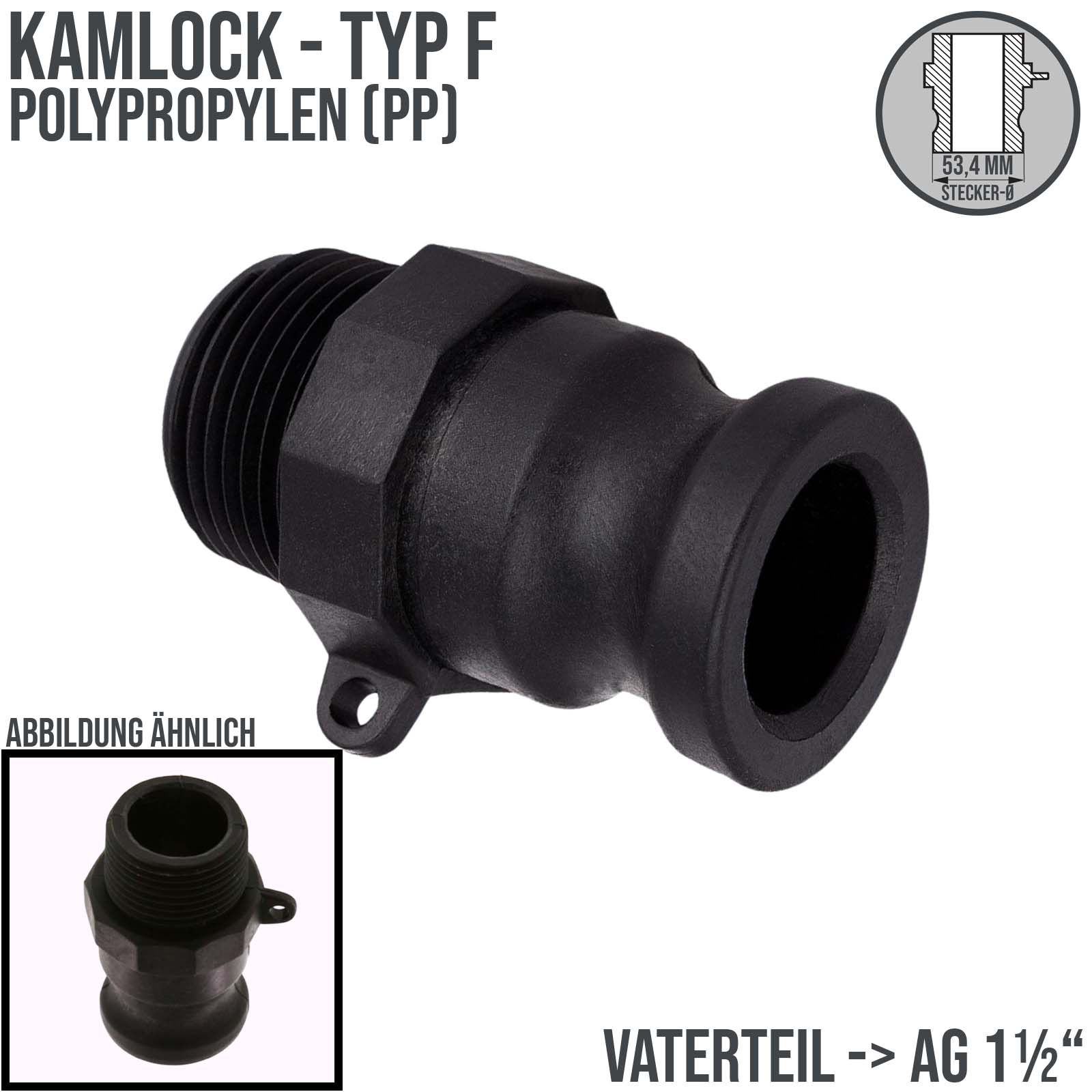 Kamlock Typ F (PP) Vaterteil - 53,4 mm Stecker mit Außengewinde (AG) 1 1/2" Zoll DN 38  - PN 6,5 bar