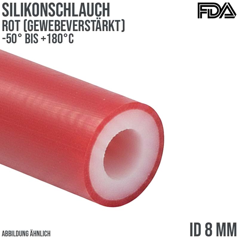8 x 15 mm Silikon Silicon Schlauch Gewebe rot talkumiert lebensmittelecht FDA PN 10 bar