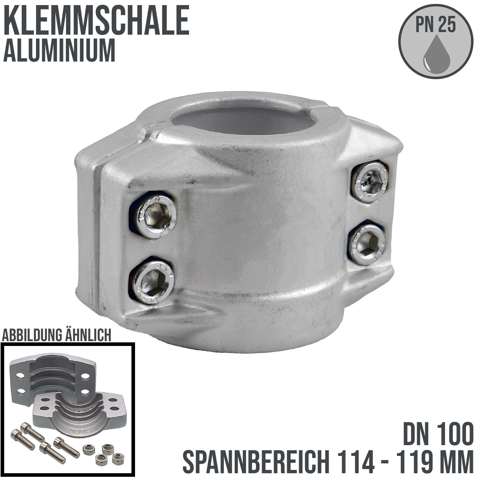 DN 100 Klemmschale Aluminium Spannbereich 114 - 119 mm für Schlauch ID x AD 100 x 116 mm - PN 25 bar