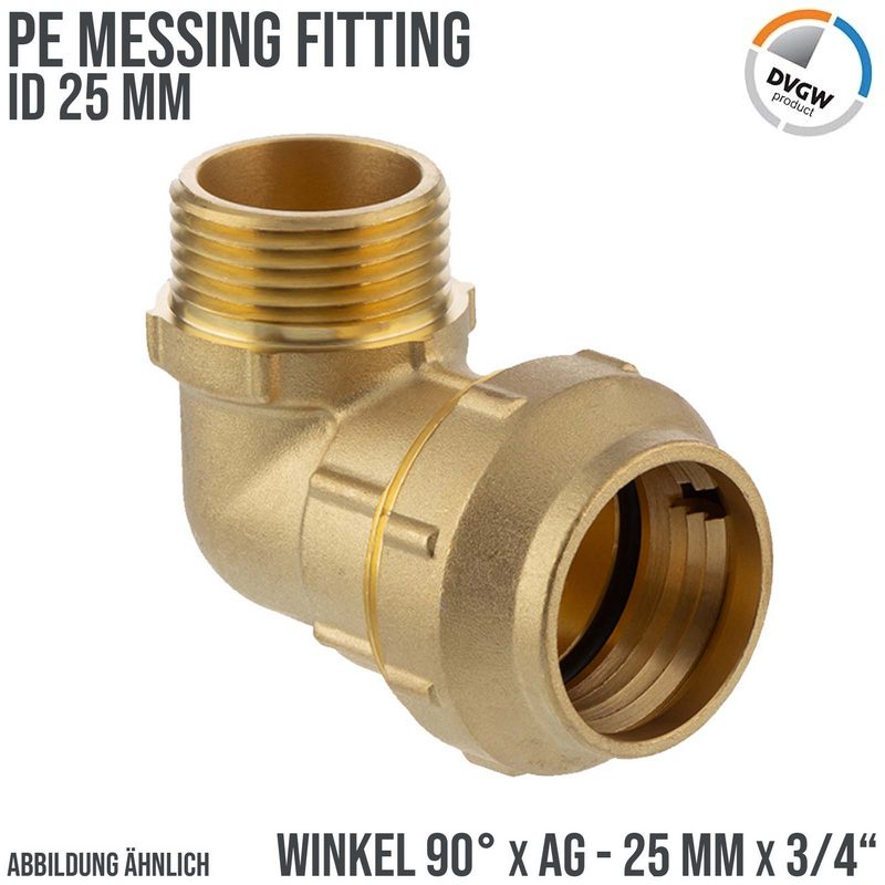 25 mm x 3/4" PE Fitting Klemm Verbinder Messing Verschraubung Muffe Winkel 90° x AG DVGW - PN 16 bar