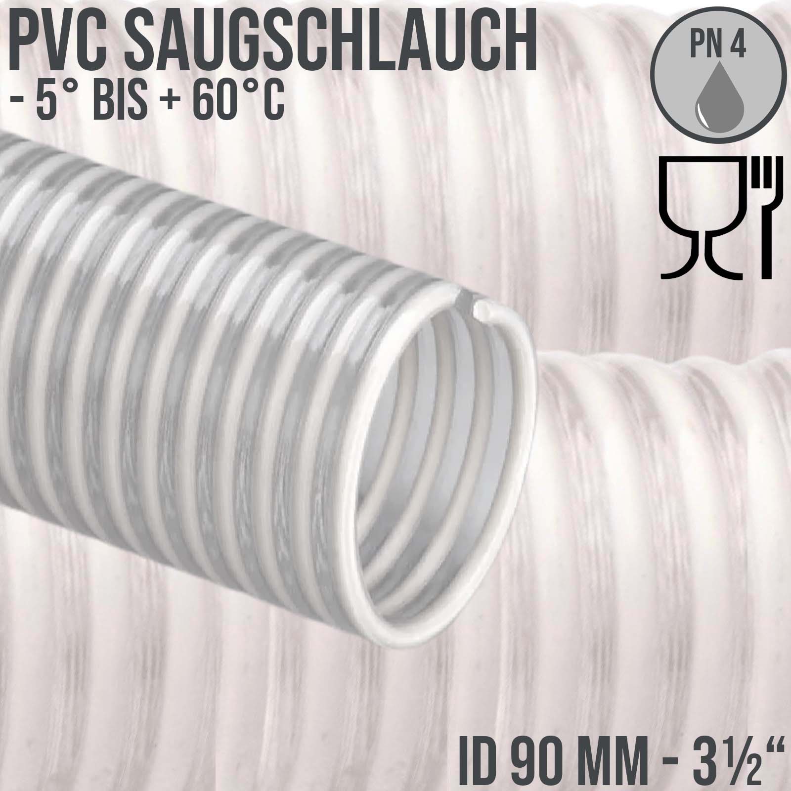 90 mm 3 1/2" Zoll Saug Ansaug Spiral Förder Pumpen Schlauch Lebensmittel Saatgut weiß PN 4 bar