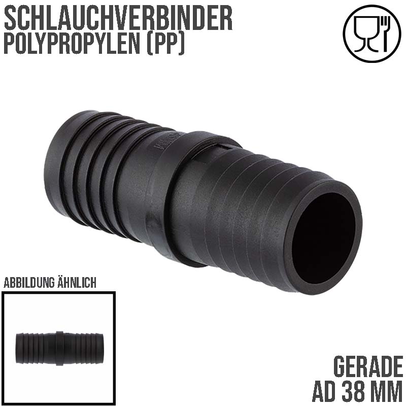 38 mm Schlauch Verbinder 2-fach Stutzen Tülle Pool Teich Garten PP schwarz - PN 6 bar
