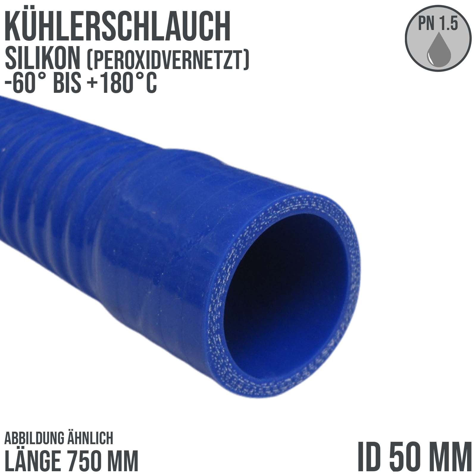 50 x 60 mm leicht flexibler Kühler Silikon LLK Ladeluft Kühlmittel Schlauch blau PN 1,5 bar - 750 mm Länge