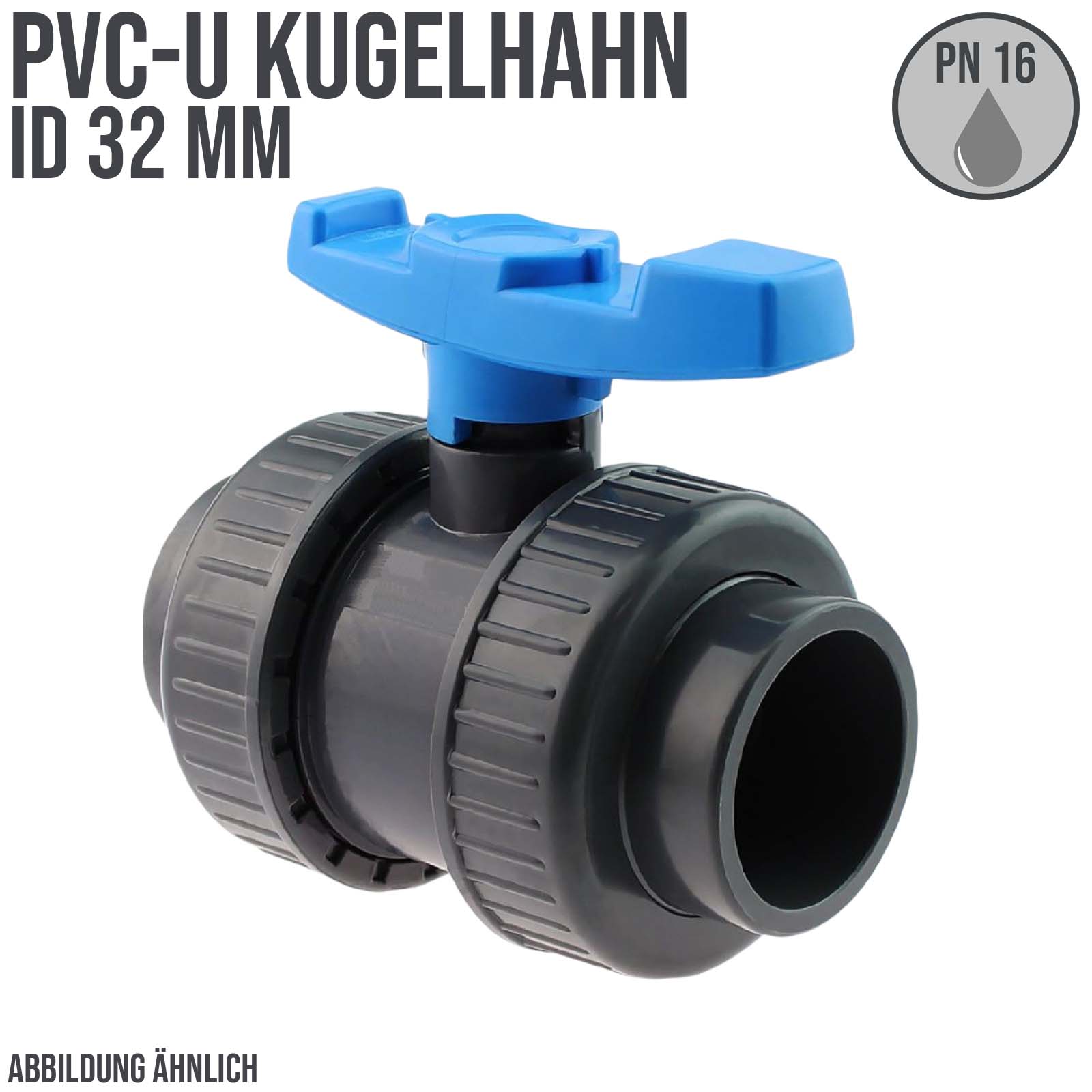32 mm PVC Kugel Absperr Hahn Ventil beidseitige Klebemuffe Fitting PN 16 bar - blauer Griff