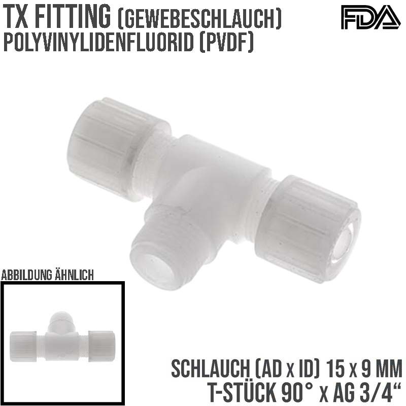15 x 9 mm x 3/4" T-Stück 90° Außengewinde TX Fitting Gewebe Schlauch Verbinder FDA PVDF weiß - PN 10 bar