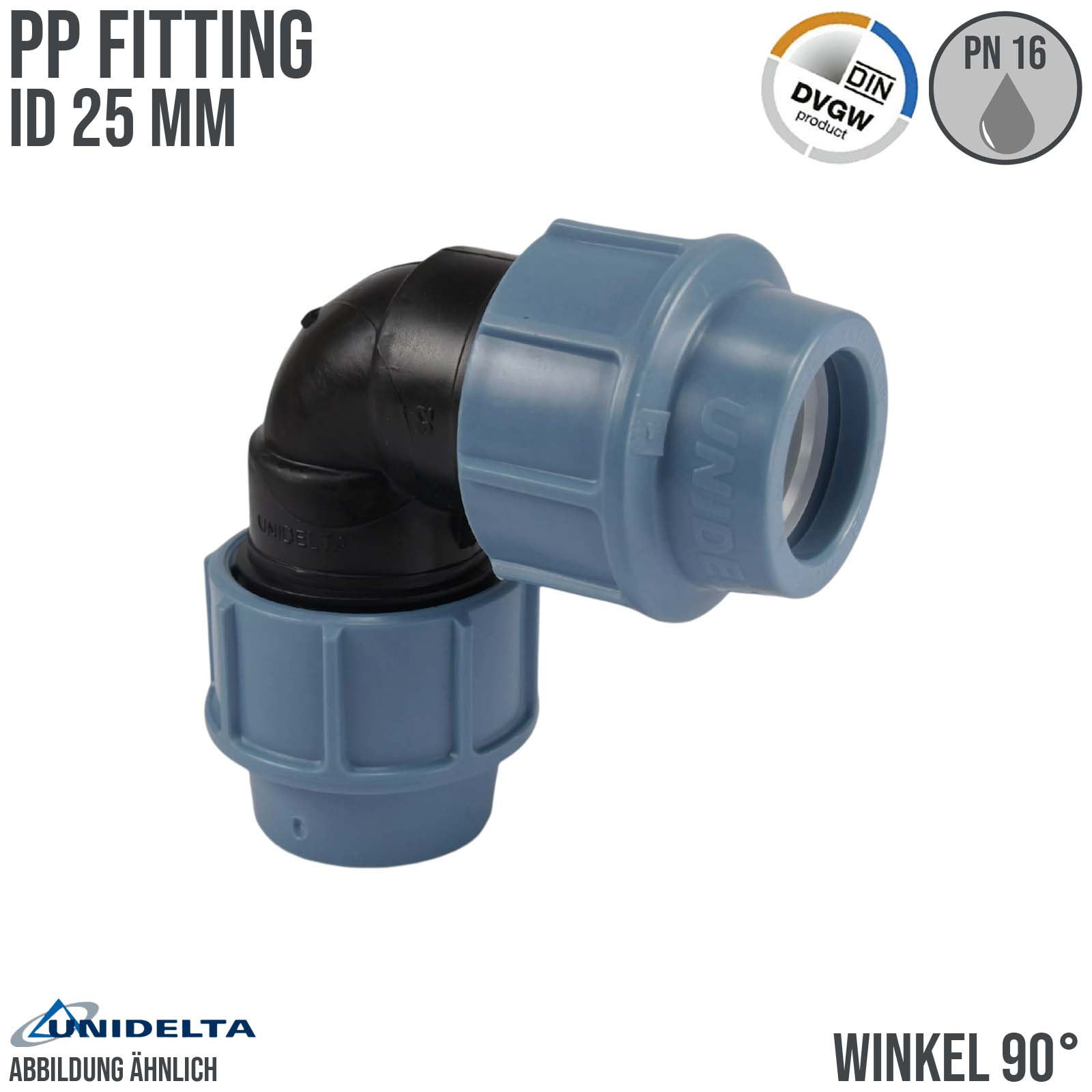 25 mm PE PP Fitting Klemm Verbinder Verschraubung Muffe Rohr Winkel 90° DVGW - Unidelta
