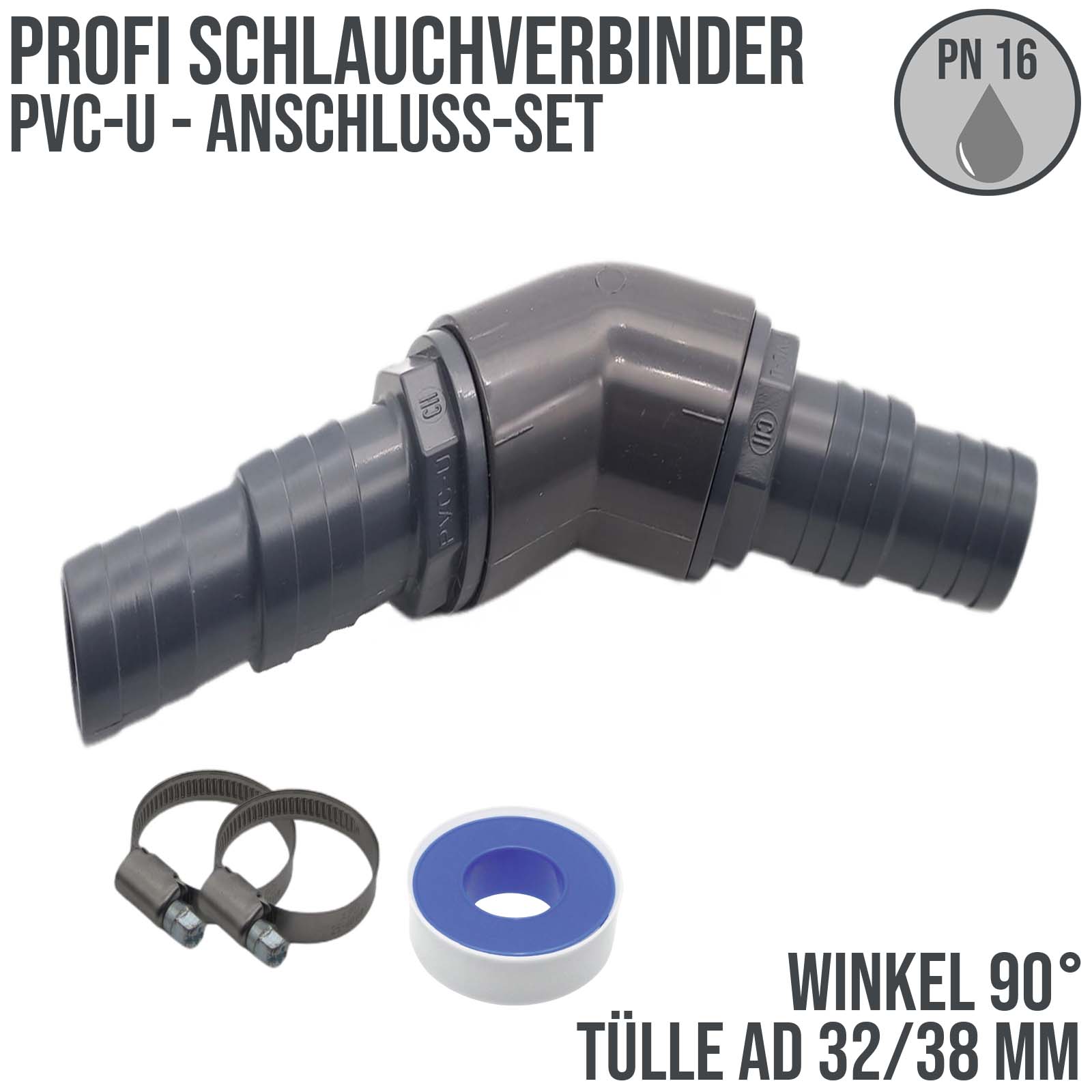 32 / 38 mm PVC PROFI Winkel 45° Schlauch Verbinder Stutzen Tülle Pool Teich Garten - PN 10 bar - Montage-Set