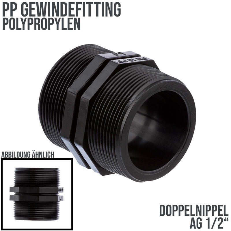 1/2" PP Gewinde Fitting Doppel Nippel schwarz Außengewinde AG Polypropylen - PN 10 bar