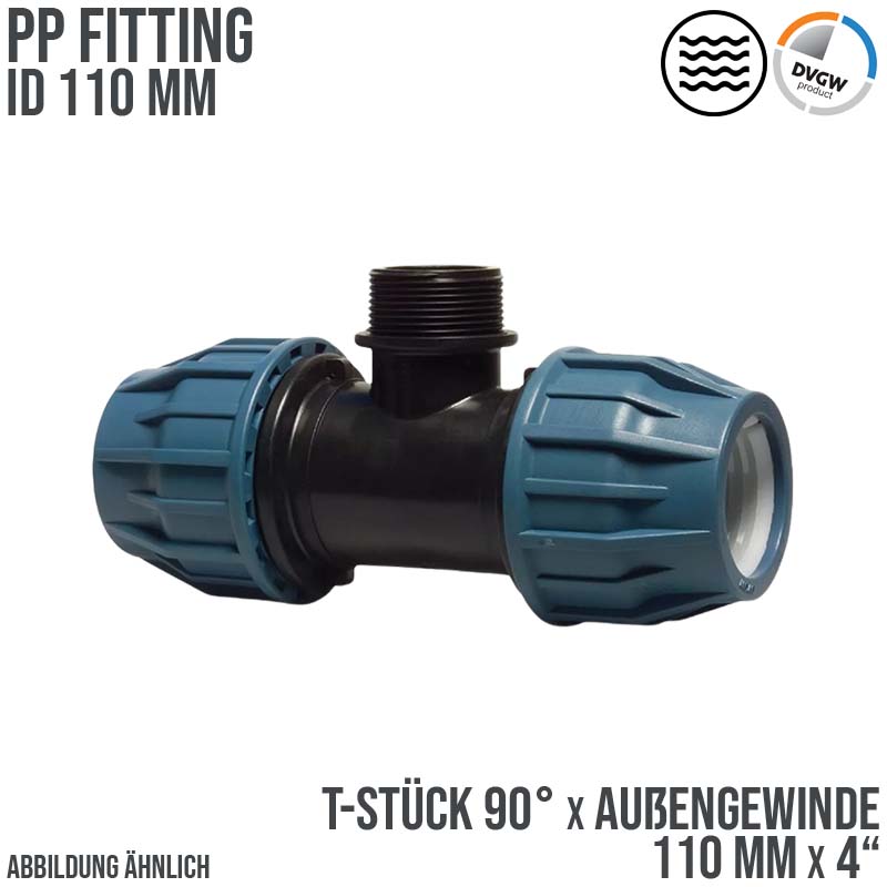 110 mm x 4" PE PP Fitting Klemm Verbinder Verschraubung Rohr T-Stück 90° x AG DVGW - PN 16 bar