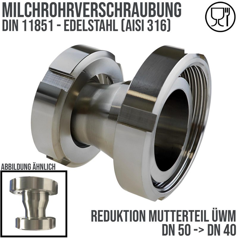 DN 50 -> DN 40 Milchrohr Verschraubung DIN 11851 Mutterteil Kegel Stutzen ÜWM - PN 25 bar