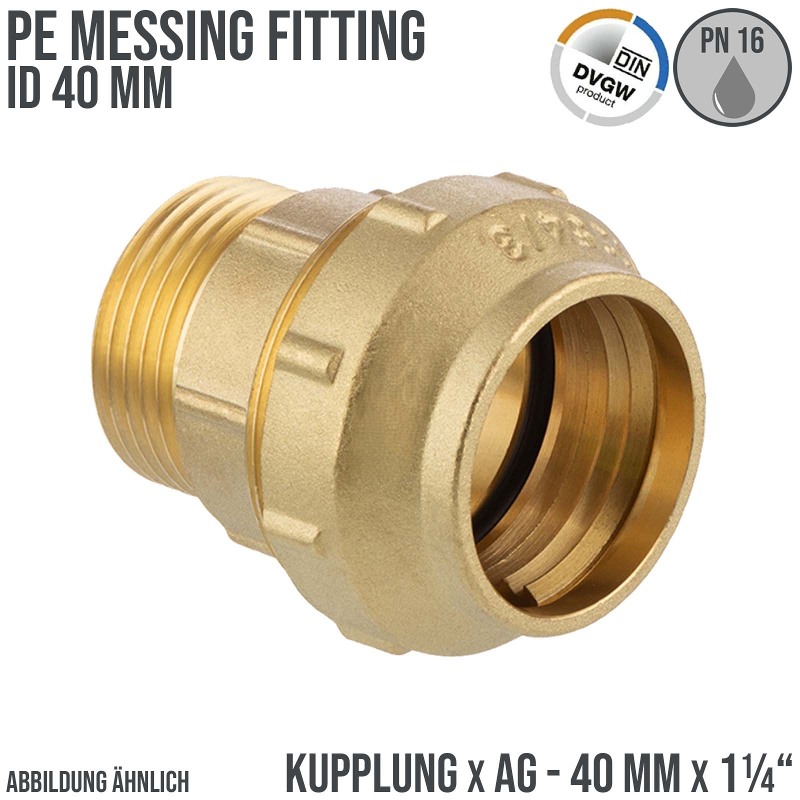 40 mm x 1 1/4" PE Fitting Klemm Verbinder Messing Verschraubung Muffe Kupplung x AG DVGW - PN 16 bar