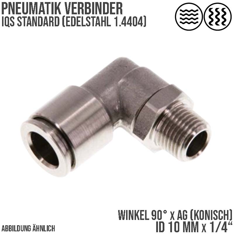 10 mm x 1/4" Pneumatik Steck Verbinder Winkel 90° eckig IQS Edelstahl VA 1.4404 Außengewinde konisch - PN 15 bar