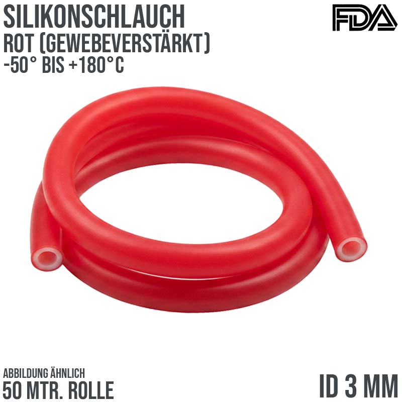 3 x 8 mm Silikon Silicon Schlauch Gewebe rot talkumiert lebensmittelecht FDA PN 20 bar - 50 m