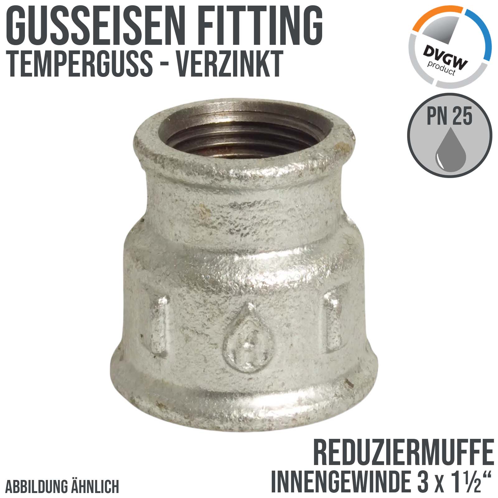 3" x 1 1/2" Gusseisen Temperguss Reduziermuffe Nr. 240 Innengewinde IG DVGW PN 25 bar