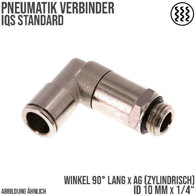 10 mm x 1/4" Pneumatik Steck Verbinder Winkel 90° lang IQS MSV Messing Außengewinde zylindrisch - PN 16 bar