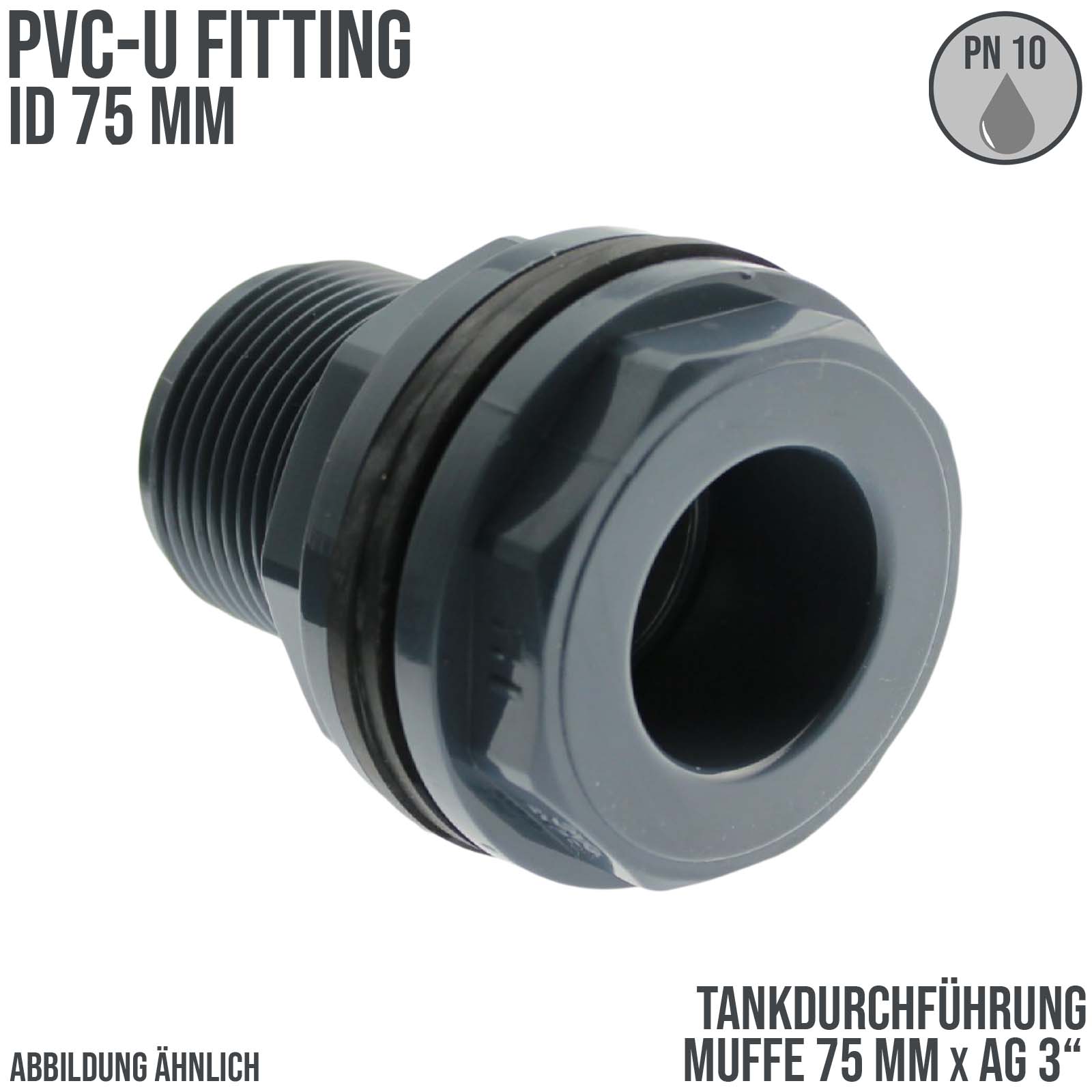 75 mm x 3" Zoll PVC-U Tankdurchführung Klebemuffe auf Klebemuffe x Außengewinde AG - PN 10 bar