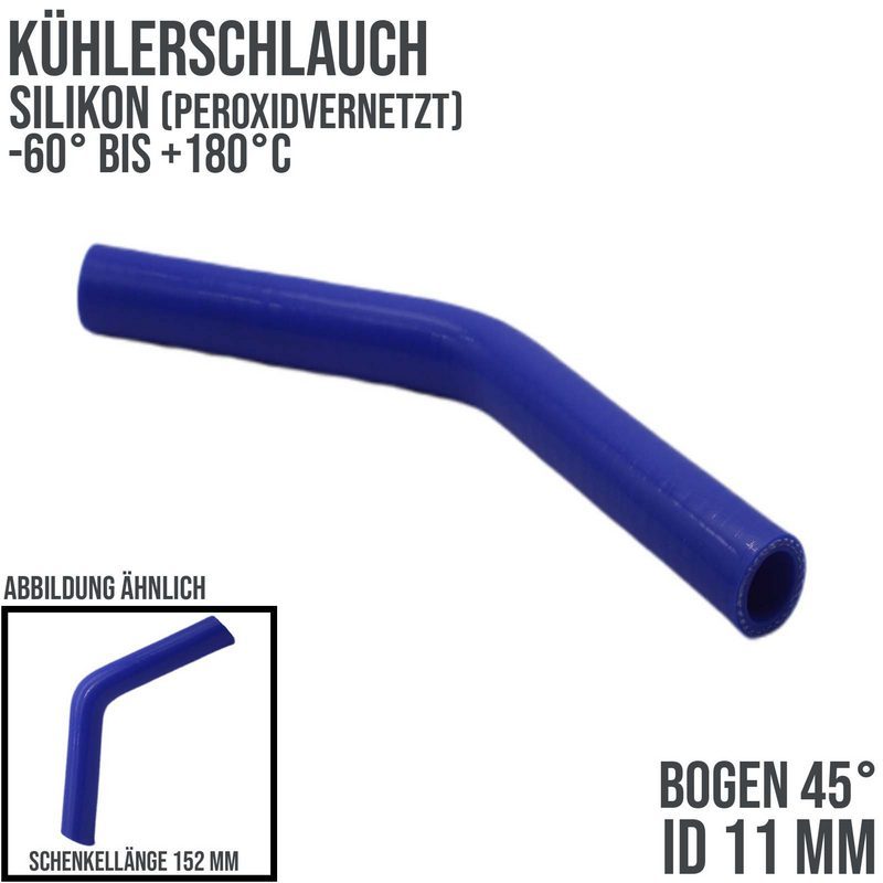 11 x 19 mm Kühlerschlauch Silikon Bogen 45° LLK Ladeluft Kühlmittel Schlauch blau (10 bar) - 152 mm