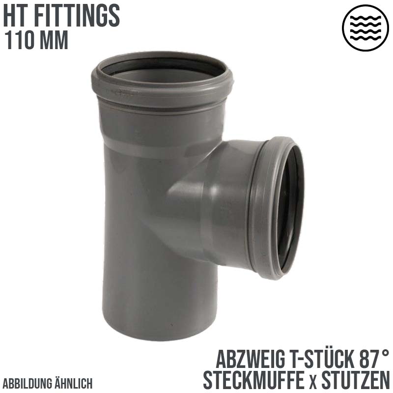 110 mm PP T-Stück 87° Abzweig Abfluß Abwasser HT KG Rohr Steckmuffe x Stutzen grau