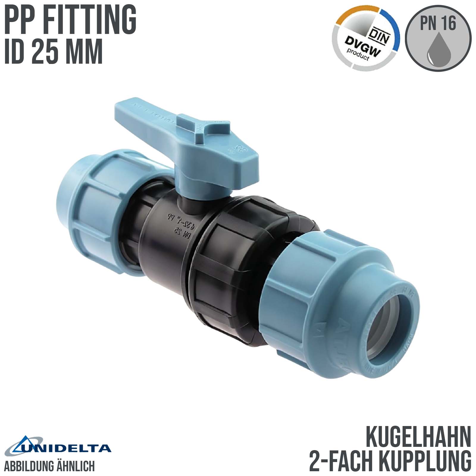 25 mm PE PP Kugelhahn 2-fach Klemm Muffe Kupplung PN 16 bar DVGW KIWA WRAS Unidelta