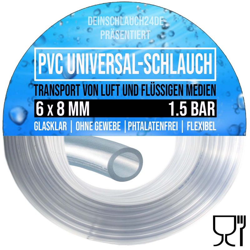 6 x 8 mm PVC Luft Filter Wasser Universal Labor Aquarium Terrarium Schlauch klar durchsichtig - PN 1,5 bar
