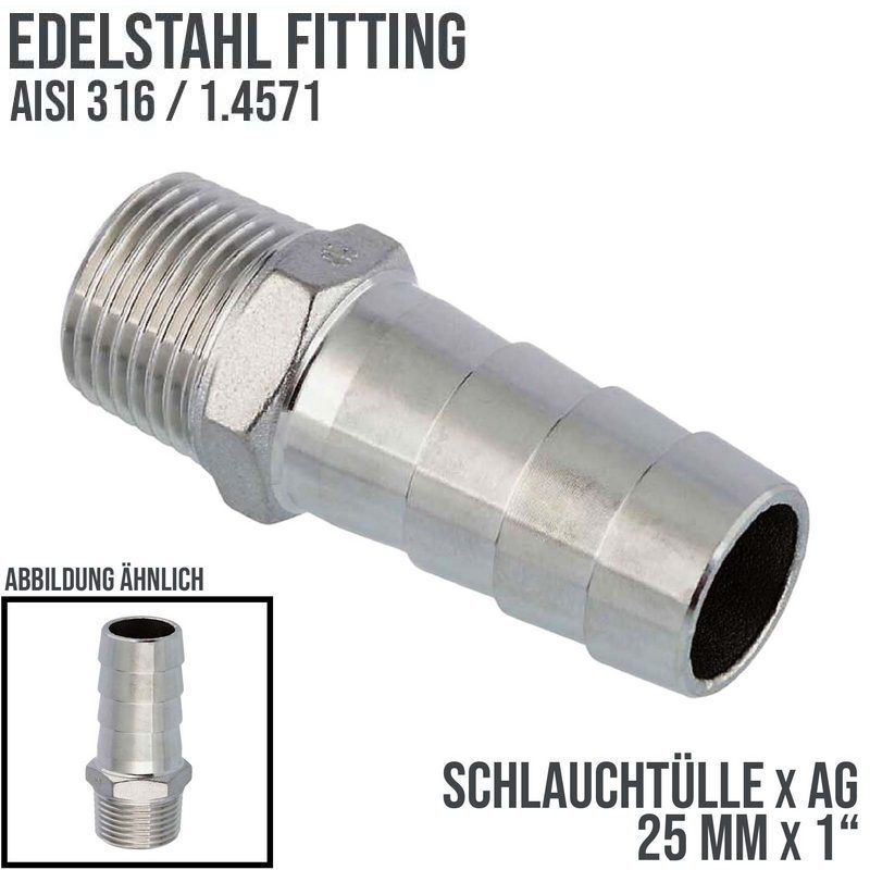 25 mm x 1" Zoll Schlauch Tülle Stutzen Außengewinde AG Nippel Edelstahl AISI 316 VA  Fitting - PN 20 bar