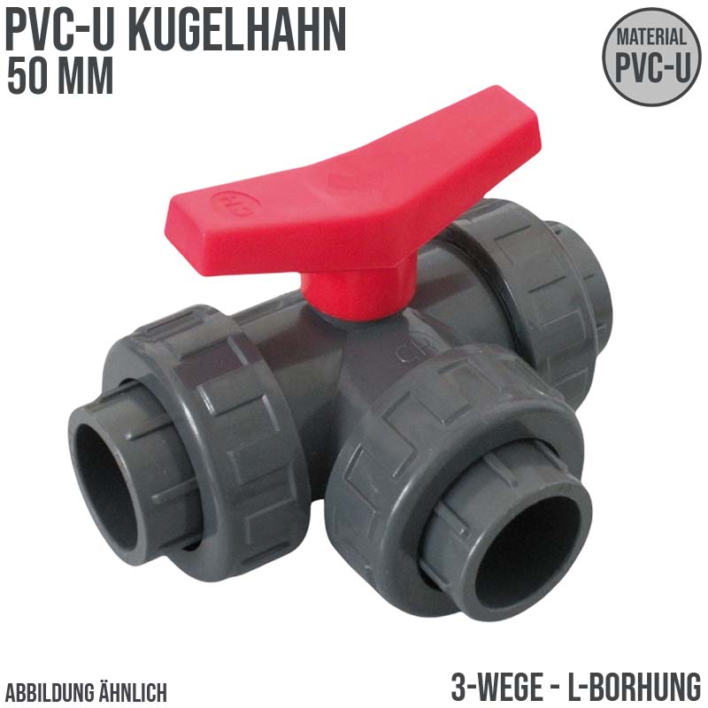 50 mm PVC Kugel Absperr Hahn Ventil L-Bohrung 3-fach Klebemuffe Fitting PN 10 bar - roter Griff