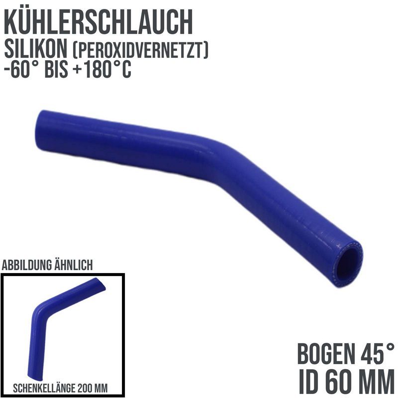 60 x 70 mm Kühlerschlauch Silikon Bogen 45° LLK Ladeluft Kühlmittel Schlauch blau (4,0 bar) - 200 mm