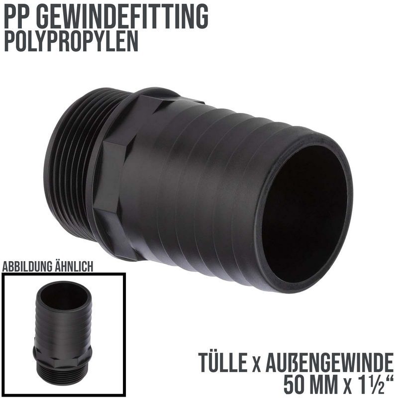 50 mm x 1 1/2 " PP Gewinde Fitting Schlauch Tülle Stutzen Außengewinde AG - PN 6 bar
