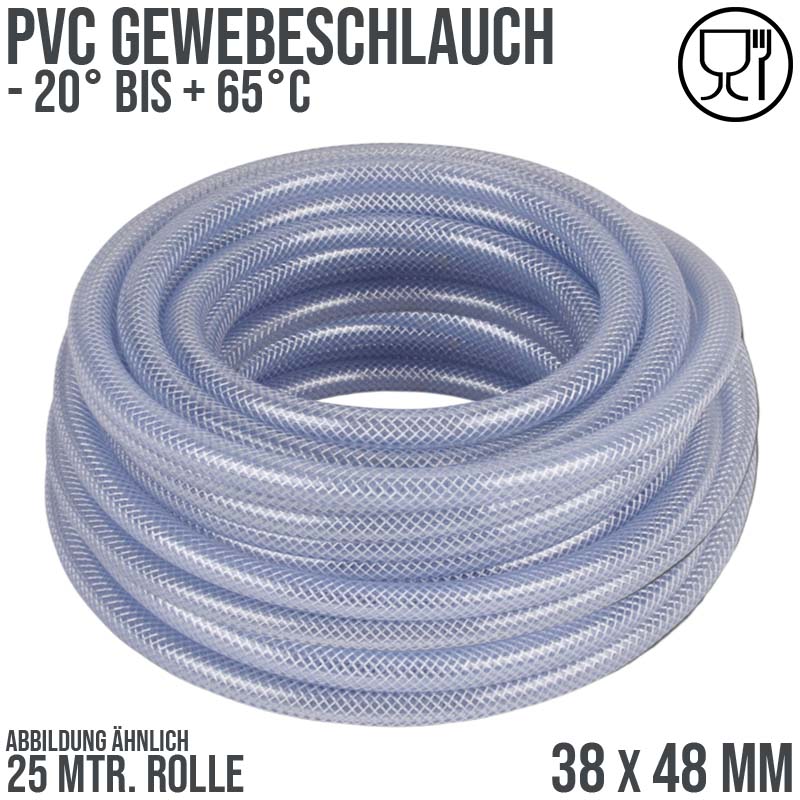 38 x 48 mm Gewebe Druckluft Universal Wasser Luft Kompressor Schlauch transparent PN 6 bar - 25 m