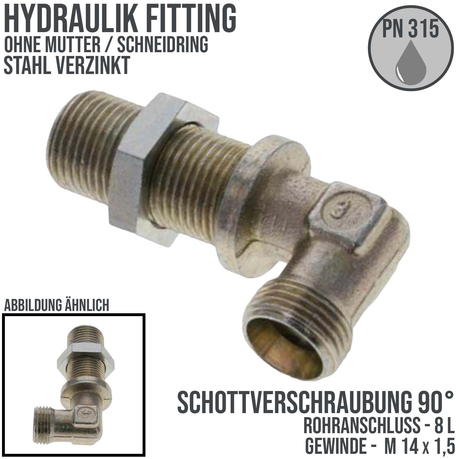 8 L Schneidring Winkel 90° Schott Verschraubung (M 14 x1,5) AG ohne Mutter / Schneidring - PN 315 bar