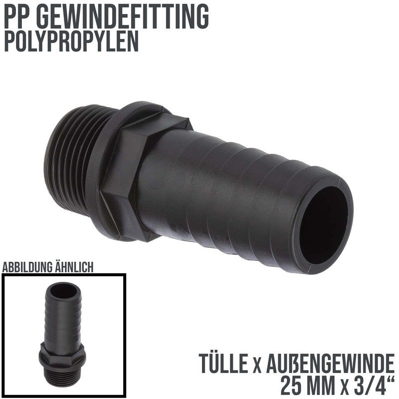 25 mm x 3/4 " PP Gewinde Fitting Schlauch Tülle Stutzen Außengewinde AG - PN 6 bar