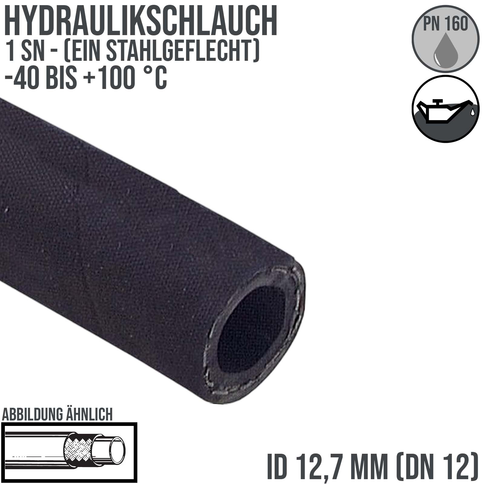 12,7 x 20,1 mm 1 SN DN 12 Hochdruck Hydraulik Wasser Kraftstoff Schlauch einfach Draht Einlage schwarz EN 853 - PN 160 bar