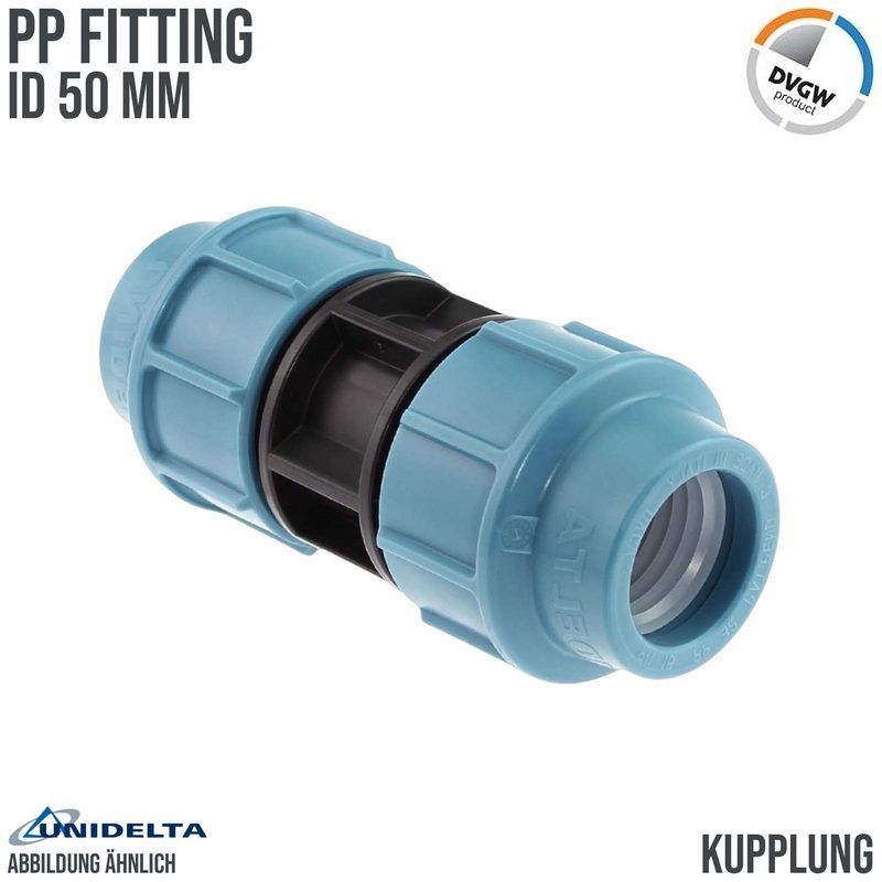 50 mm PE PP Fitting Klemm Verbinder Verschraubung Muffe Rohr Kupplung DVGW - Unidelta