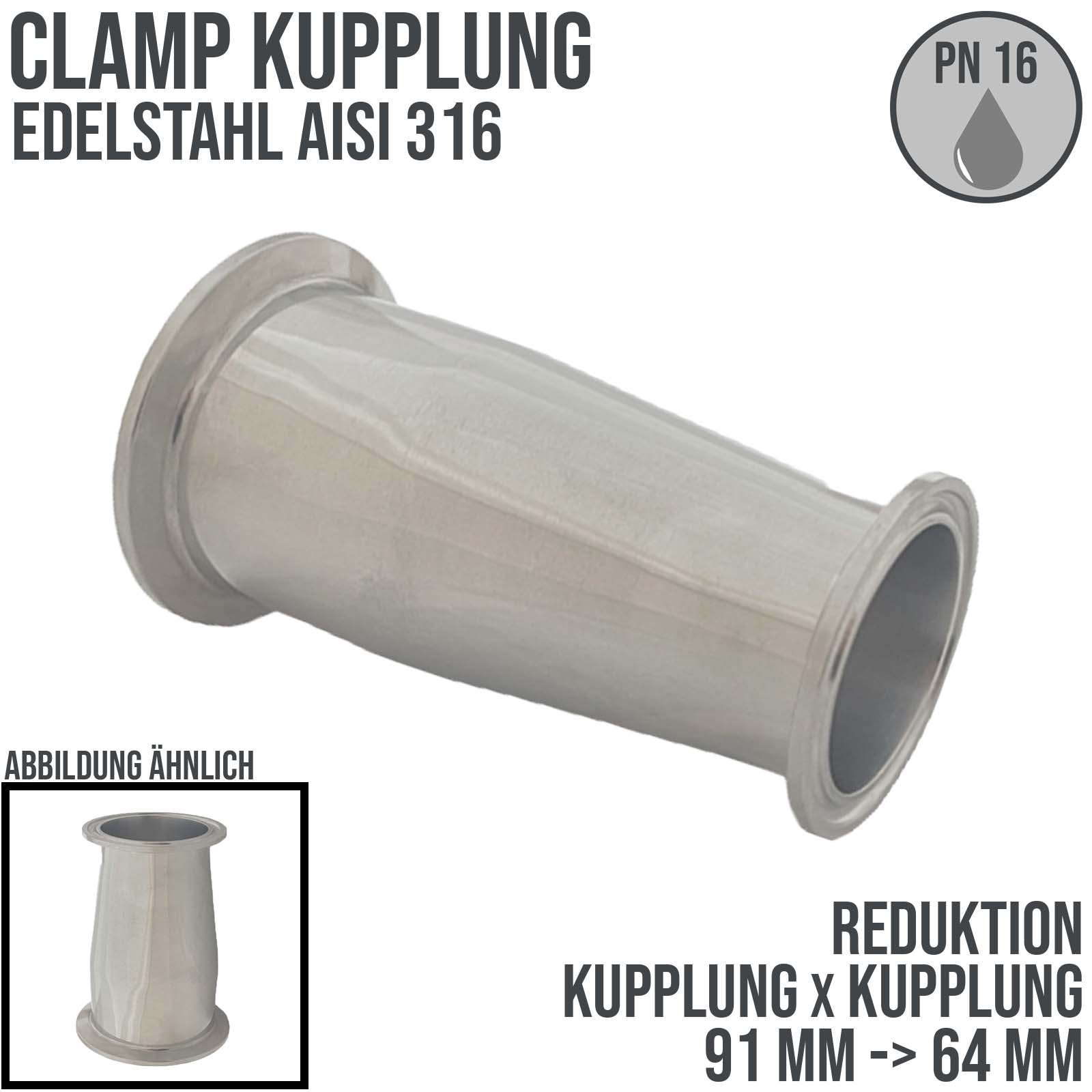 CLAMP Reduktion DIN 32676 Flansch Teller Kupplung 91 mm auf 64 mm - PN 16 bar