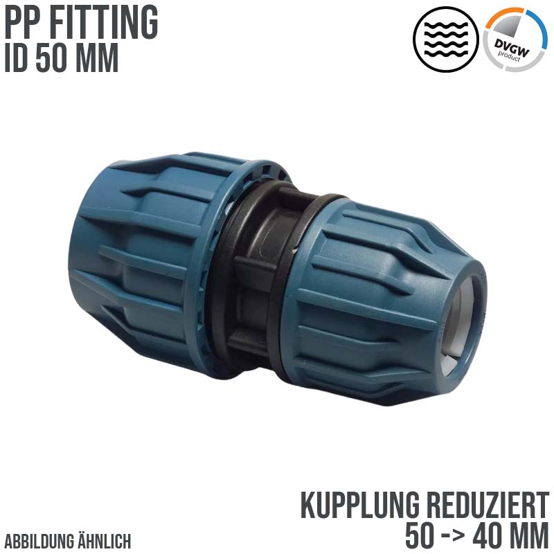 50 x 40 mm PE PP Fitting Klemm Verbinder reduziert Verschraubung Muffe Kupplung DVGW - PN 16 bar