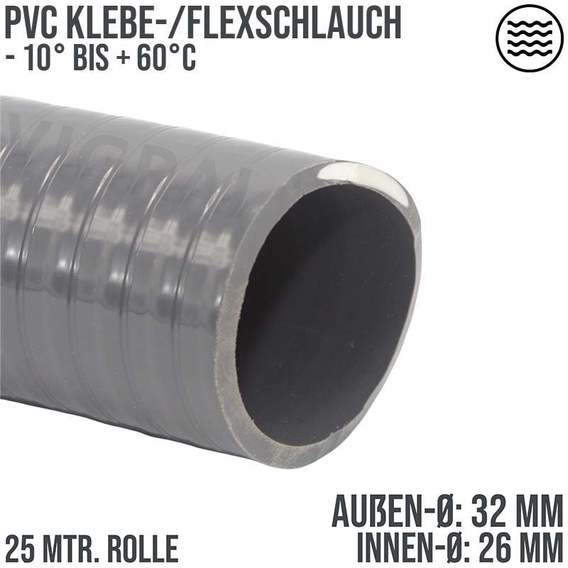 32 x 26 mm PVC Klebe Flex Spiral Schwimmbad Pool Teich Schlauch grau PN 7 bar - 25 m